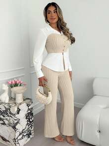 Xyvia 杏色和白色奢华通勤高端成熟智慧女士长袖上衣和阔腿裤两件套，AB面料拼接衬衫领翻领修身腰部上衣，罗纹阔腿裤，适合办公室、校园、商务、旅行、秋冬春季休闲穿着。 - 卡其色 - 查看 4