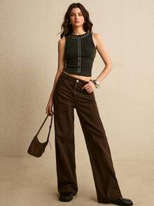 Poéselle Women's Black Knitted Round Neck Tank Top With Rivet Detail Regular Length - Black - View 4