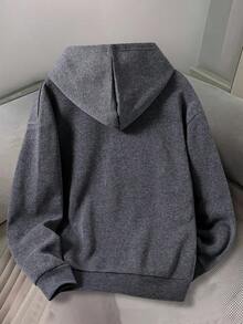 SHEIN 青少年男童休闲纯色浅灰色宽松连帽卫衣，带抽绳 - 深灰色 - 查看 2