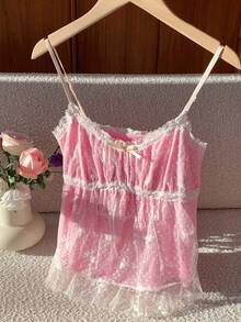 Comfortcana 女士时尚性感Y2K蕾丝边蝴蝶吊带背心，新年新款 - 粉色 - 查看 7