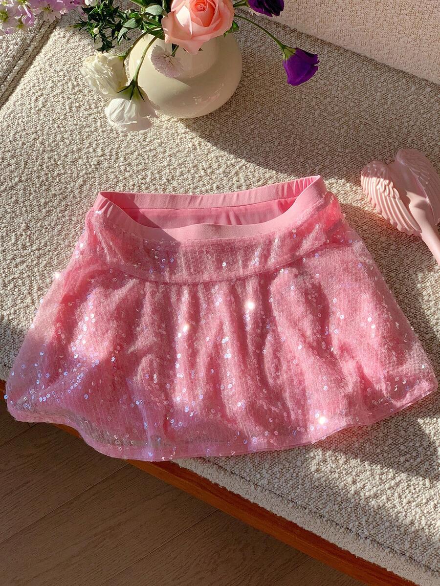 Comfortcana 女士纯色弹力腰亮片时尚半身裙 - 粉色 - 查看 1