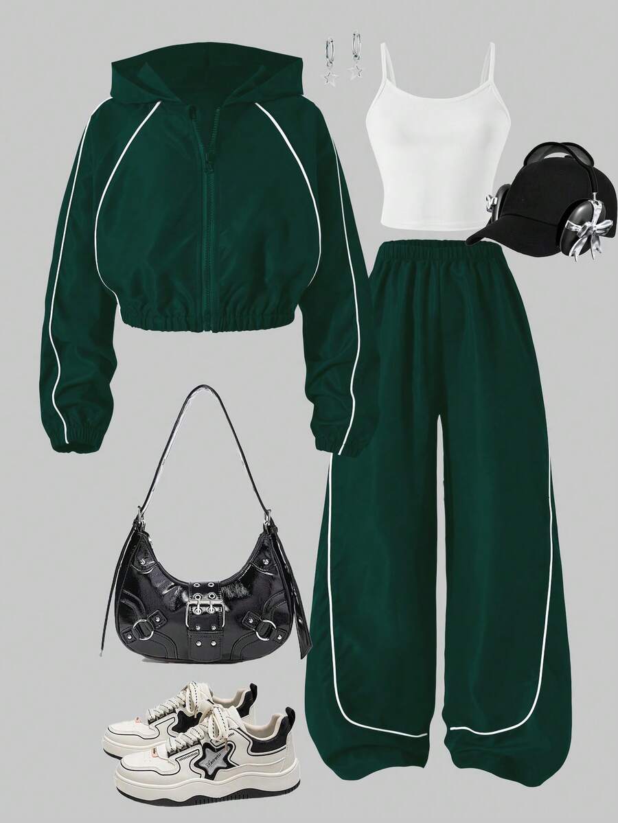 Sparklyn 3 件套女孩休闲装,包括:带罗纹饰边的连帽拉链短夹克、白色吊带背心和阔腿裤,秋季套装 - 墨綠色 - 查看 1