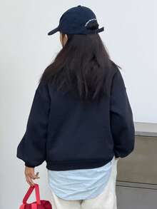 DAZY Tween Girls Crew Neck Thermal Lined Letter Print Sweatshirt, Fall - Navy Blue - View 2