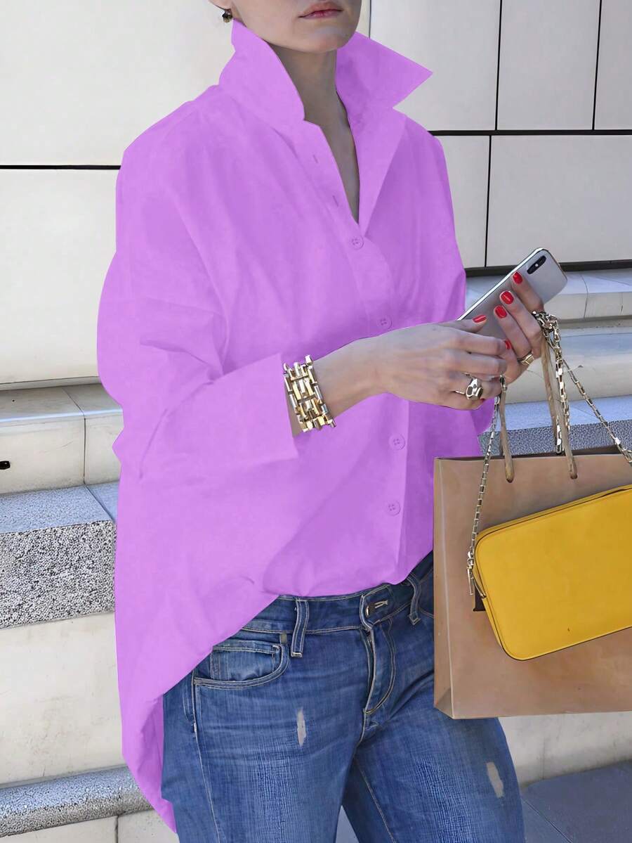 EMERY ROSE Casual Versatile Solid Color Long Sleeve Shirt Fall Cloth For Women - Mauve Purple - View 1