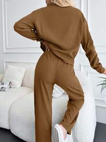 EURMUSE 100%Cotton Rib-Knit Drop Shoulder Tee & Pants - Camel - View 2