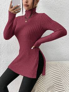 SHEIN Frenchy Áo thun tay dài cổ lọ xẻ tà màu trơn đơn giản, thu/đông - Màu Đỏ Sâu - Xem 4