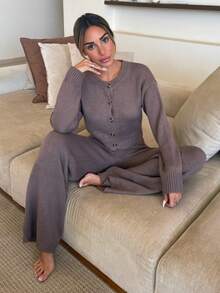 Mélanie ORL 2pcs/Set Women's Woolen Loose Home Two Pieces Long Sleeve Casual Sweater And Pants Set Comfortable Simple Solid Button-Down Cardigan And Pants,Women's Fall Clothes ,Petite Women - Brown - View 1