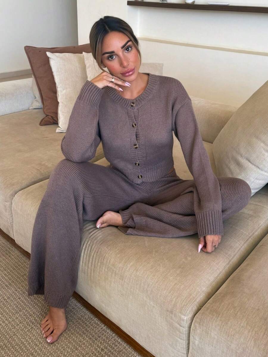 Mélanie ORL 2pcs/Set Women's Woolen Loose Home Two Pieces Long Sleeve Casual Sweater And Pants Set Comfortable Simple Solid Button-Down Cardigan And Pants,Women's Fall Clothes ,Petite Women - Brown - View 1