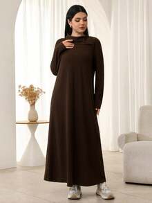 Al Najma Women's Elegant Long Sleeve Split Neck Dress In Brown, Soft Fleece Fabric, Suitable For Autumn - Brown - View 4
