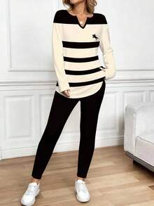 SHEIN LUNE 女士长袖T恤和打底裤两件套，秋冬季休闲装 - 彩色 - 查看 3