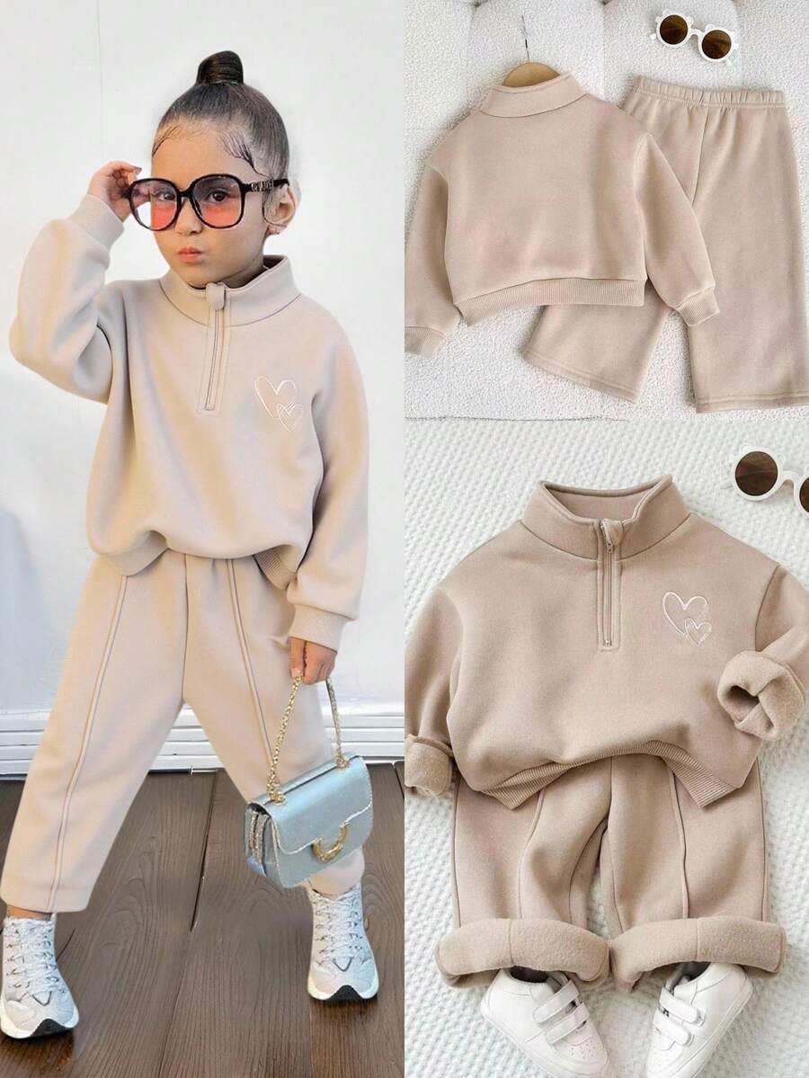 Bộ 2 chiếc/Bộ áo hoodie và quần nỉ thêu hình trái tim cho bé gái, thích hợp mặc ngoài trời và trong nhà, mùa thu/đông - Màu Khaki - Xem 1