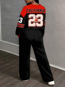 Slaydiva 大码女式数字印花圆领落肩长袖短款运动衫和阔腿裤休闲两件套 - 彩色 - 查看 2