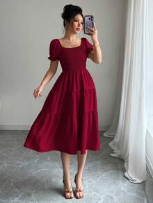 Vestido casual de mujer de unicolor, vestido largo de manga corta con cuello cuadrado en color caqui, vestido holgado de línea A con cintura ceñida para vacaciones - Rojo - Ver 3