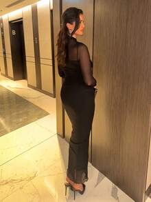 MDEdit 1 件度假长袖针织透视连衣裙 - 黑色 - 查看 3