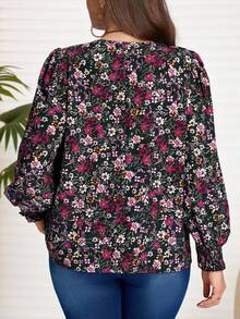 EMERY ROSE Plus Size Women's Casual Ditsy Floral V-Neck Lantern Sleeve Loose Blouse, Spring/Autumn - Navy Blue - View 2