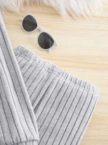 SHEIN Explorewe 2件套 少女罗纹连帽衫上衣（不对称下摆）和打底裤 - 灰色 - 查看 7