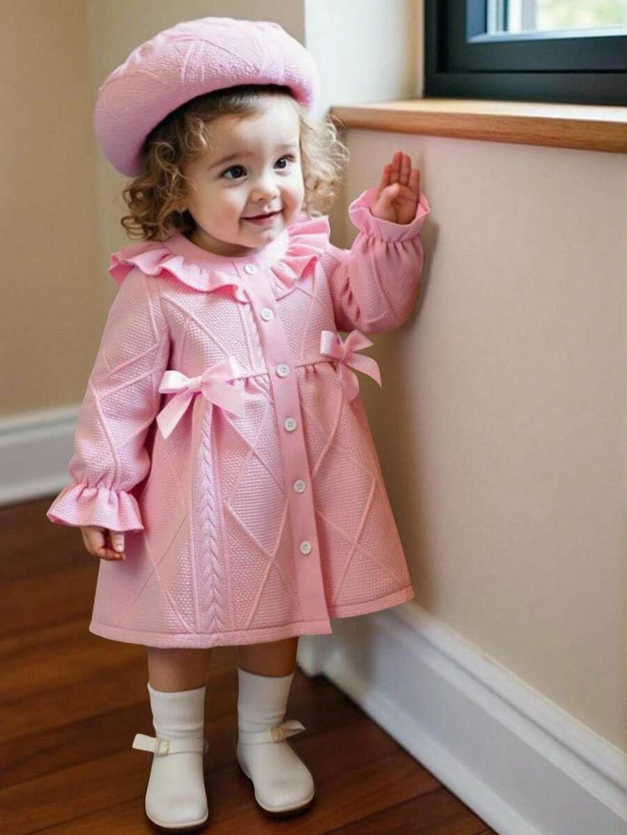SHEIN Elladie kids 女婴粗花呢撞色格纹荷叶边蝴蝶结装饰连衣裙及帽子套装 - 粉色 - 查看 1