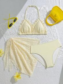 SHEIN 3件套少女时尚纯色沙滩度假比基尼套装，含披肩 - 杏色 - 查看 7