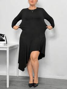 Truni Itsmisslys Plus Size Women's Knit High Stretch Long Sleeve Dress, Asymmetrical Hem Slit Black Mid-Length Dress, For Pear Triangle Body Shape - Black - View 7
