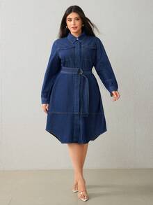 Selenza Plus Size Women's Fashion Denim Belted Dress Winter New Year - Dark Wash - View 4
