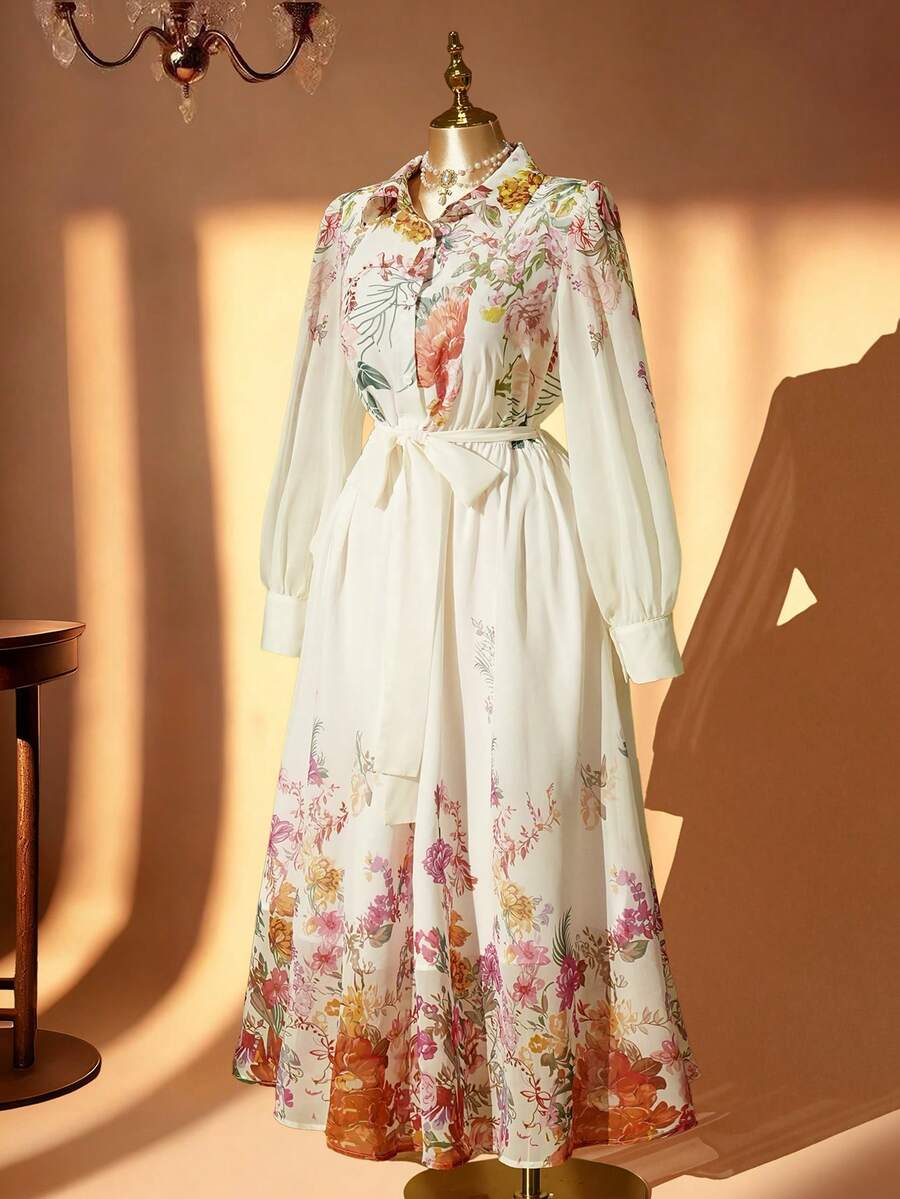 DreamSkyne Plus Size Women's Chiffon Dress, Non-Stretch Fitted Floral Print Long Sleeve Dress With Front Button Cuffs And Lining, Casual Romantic Elegant Resort Style, Suitable For Dates, Weddings, Evening Parties - Multicolor - View 1