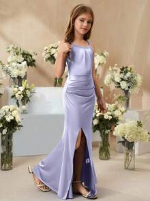 SHEIN 女童优雅简约时尚无袖高腰连衣裙，纯色缎面亮面面料，高端花童连衣裙，紫色，适合毕业、派对、婚礼 - 淡紫色 - 查看 4