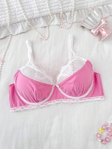 PetitDoll 1pc Plus Size Women Lace Patchwork Underwire Bra, Valentine's Day - Pink - View 3