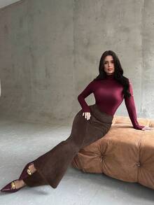 Firerie Women's New Elegant Casual Everyday Commute Fashion Versatile High Waist Slim Fit Brown Suede Flare Pants, Suitable For Autumn/Winter, Airport, Teacher, Office Wear, Cozy Fall, Christmas, New Year - Brown - View 7