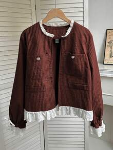 Franclia Vintage Lace Embroidered Bowknot Patchwork Round Neck Casual Jacket, Suitable For Autumn/Winter - Red - View 1