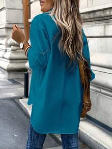 EMERY ROSE Áo sơ mi tay dài cài nút phía trước màu trơn, thanh lịch khi đi làm vào mùa hè - Rửa trung bình - Xem 2