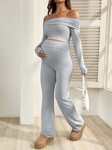 SHEIN Maternity Clothes Maternity Co Ord Set  Spring And Summer  Pregnant Clothes Grey Maternity Set: Off-The-Shoulder Top + Flared Pants In A Comfortable And Casual Knit - Light Grey - View 6