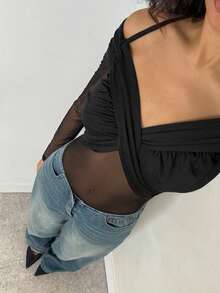 Glamine Women's Autumn/Winter Ruched Waist, Halter Neck, Mesh Patchwork Black Bodysuit - Black - View 3