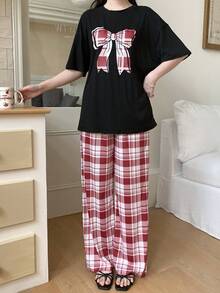 SHEIN Girls Red Plaid Bow Print Polyester Short Sleeve Pajama Pant Set Sweet And Cute Loungewear - Red - View 5
