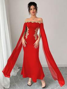 Rafferiza Váy đuôi cá dài trễ vai, eo thắt eo, họa tiết hoa vàng sang trọng, gợi cảm, thanh lịch, màu đen, xuân/hè - Fiery Red - Xem 3