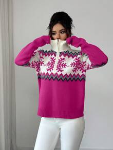SHEIN Elenzya Elegant Women Sweater, Fair Isle Pattern, Colorblock Zip-Up Sweater, Christmas Pattern, Autumn/Winter Sweater - Hot Pink - View 5