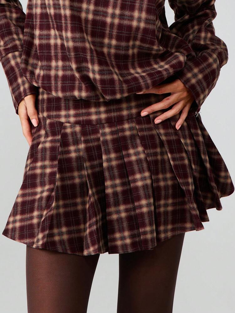MISSGUIDED 버건디 격자 무늬 체크 플리츠 미니 스커트 가을 겨울 A 라인 서클 플레어 밑단 아카데믹 프레피 스타일 하이 웨이스트