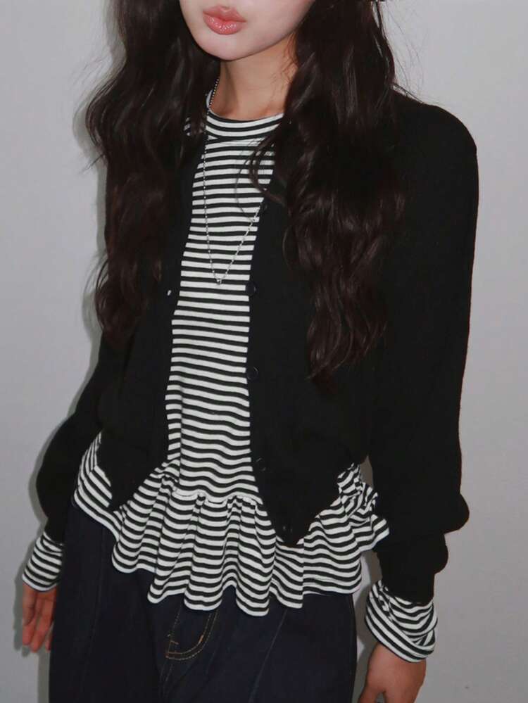 Women's Loose Fit Ruffle Hem Striped Long Sleeve T-Shirt