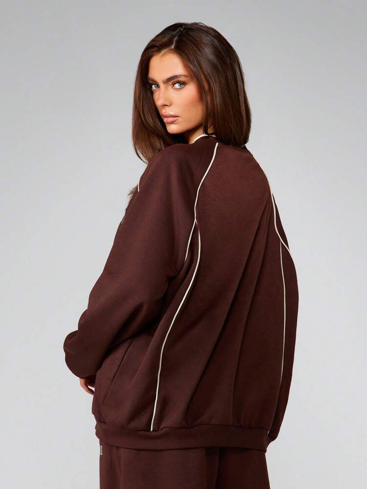 MISSGUIDED Oversized Piping Detail Crew Neck Long Sleeve Sweatshirt With Contrast Trim And Relaxed Fit For Casual Everyday Wear