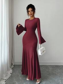 Elenzga Women's Elegant Stretchy Fitted Mermaid Hem Ruffle Sleeve Dress, Autumn/Winter - Red - View 6