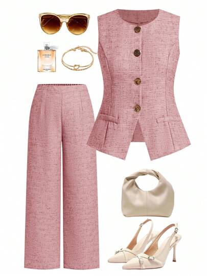 Ellevyn Plus Size Women Casual Office/Commute Daily Sleeveless Vest And Wide Leg Pants 2 Pieces Set Business Casual Woman Set Office Outfits For Women Set