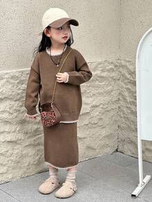 DAZY Young Girl Casual Color Block Trim Crew Neck Sweater + Knit Skirt Set, Autumn/Winter - Brown - View 3