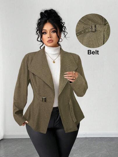 Elenzga Plus Size Women's Herringbone Fabric Jacket, Elegant Lapel Design With Leather Buttons, A-Line Silhouette Slimming And Flattering, Military Green, Short Jacket Suitable For Back To School, Graduation, Valentine's Day, Music Festival, Mother's Day, Halloween, Thanksgiving, Easter, National Day, Gala, Date, Party, Wedding, Outdoor Activities Suit Jacket For Women Blazer Jacket For Women Women's Blazer Fall Clothes For Women Women's Blazers Blazer With Belt