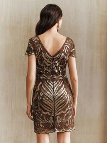 Anewsta Women's Sequin Decor V-Neck Cap Sleeve Elegant Fashion Dress - Coffee - View 4