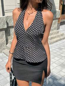 SHEIN Swim Fashionable Sexy Polka Dot Halter Backless Top - Black - View 6