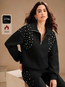 Anewsta Fashionable Embellished Beaded Loose Fit Pullover Sweatshirt, Grey, For Women, Autumn/Winter, Christmas - Black - View 1