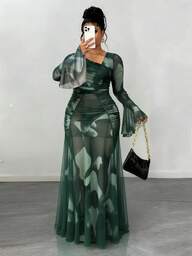 Maweii Damen Große Größen Sexy Halb-transparentes extra langes digital gespaltenes plissiertes asymmetrisches Schulter Langarm Kleid, Frühling/Herbst/Winter