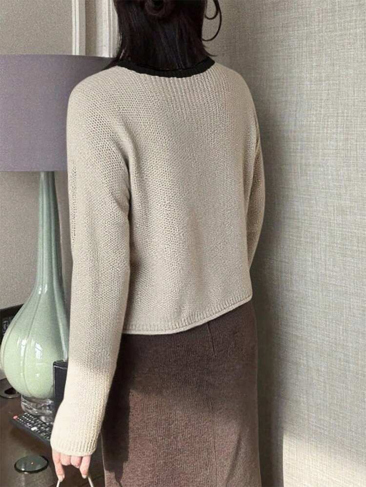 Women's Autumn/Winter New Round Neck Contrast Trim Soft Knit Cardigan