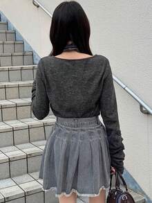FRIFUL 女士扎染特殊面料褶皱袖口装饰宽松休闲长袖T恤 - 黑色 - 查看 8