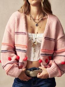 Bohemela Cardigan décontracté à blocs de couleurs et rayures avec décoration de pompon, automne/hiver - Rose bonbon - Voir 5