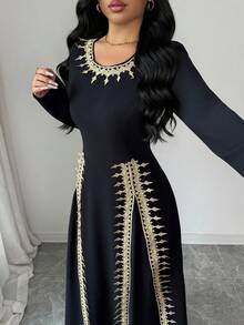 Elenzga 女士优雅时尚通勤休闲舒适迷人复古浪漫假日派对长袖圆领A字下摆领口拼接金线蕾丝纯色连衣裙 - 黑色 - 查看 3